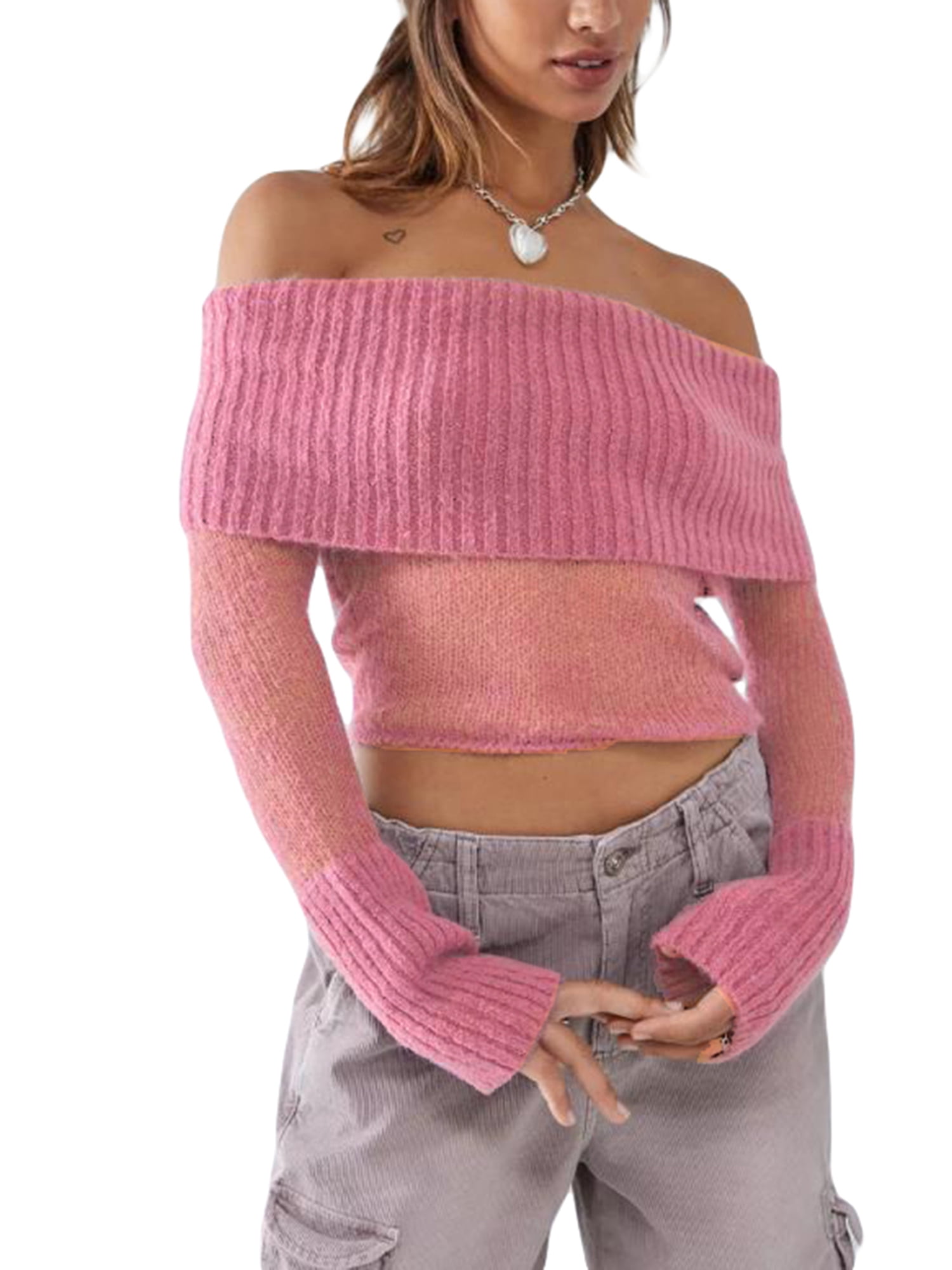 Caitzr Women S Long Sleeve Off Shoulder Shirts Knit Cropped Y2k Sweater