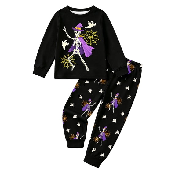 CAIVO 2 Piece Pajama Set Cozy Halloween Themed Kids Sleepwear With Witch Skeleton Print O-Neck Long Sleeve Tops And Pants Girls And Boys