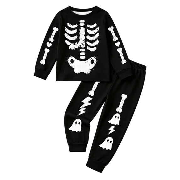 CAIVO 2 Piece Pajama Set Halloween Cartoon Skeleton Print Kids Home Wear O-Neck Long Sleeve Tops Matching Pants Girls Cozy Autumn Winter Sleepwear
