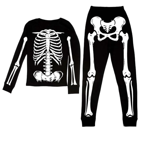 CAIVO 2 Piece Pajama Set Halloween Skeleton Print Girls Sleepwear O-Neck Long Sleeve Tops And Pants For Kids Cozy Halloween With Skeleton Design Soft For Nighttime Comfort