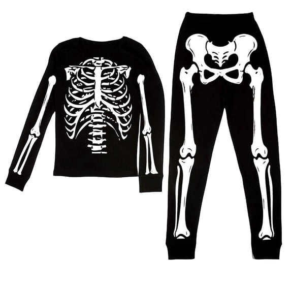 CAIVO 2 Piece Pajama Set Halloween Skeleton Print O-Neck Long Sleeve Tops And Pants Sleepwear Girls Comfortable PJ Halloween Nightwear For Kids