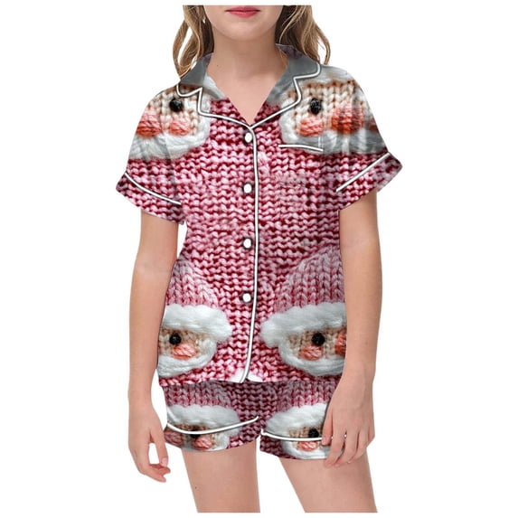 CAIVO 2 Piece Pajama Sets For Children Short Sleeve Lapel Button Down Shirts Tops With Shorts Matching Set Sleepwear Set With Pockets For Christmas Homewear