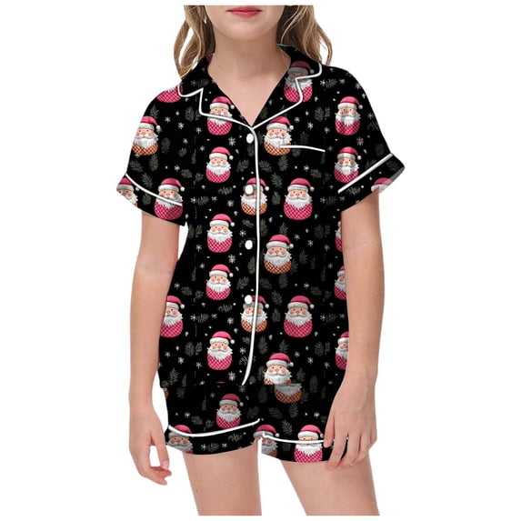 CAIVO 2 Piece Pajama Sets For Children Short Sleeve Lapel Button Down Shirts Tops With Shorts Matching Set Sleepwear Set With Pockets For Christmas Nightwear