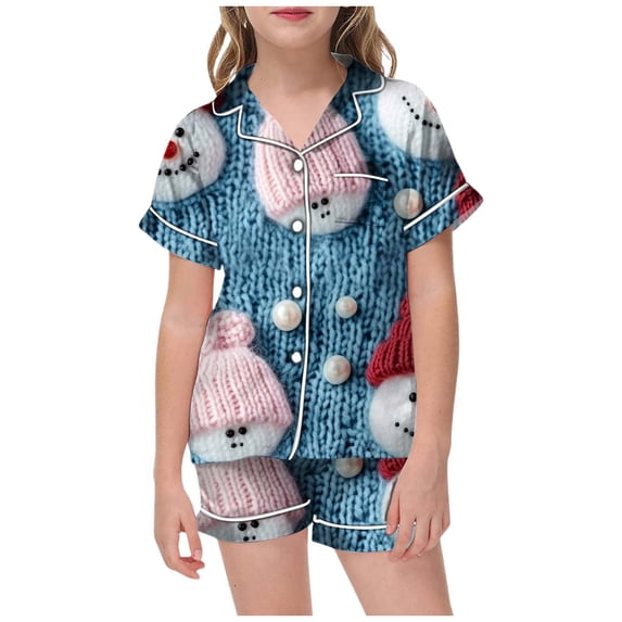 CAIVO 2 Piece Pajama Sets For Children Short Sleeve Lapel Button Down Shirts Tops With Shorts Matching Set Sleepwear Set With Pockets For Christmas Pyjamas