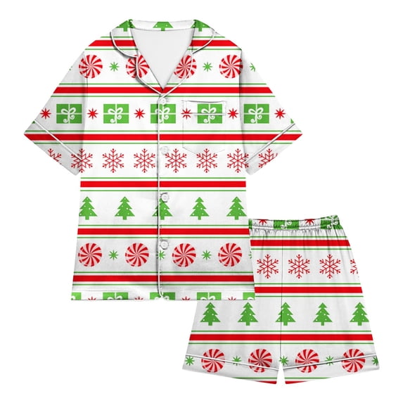 CAIVO 2 Piece Pajama Sets Children's Short Sleeve Lapel Button Down Shirts Tops With Shorts Set Christmas With Pockets Sleepwear