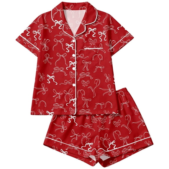 CAIVO 2 Piece Pajama Sets Girls Lapel Short Sleeve Button Down Shirt With Shorts Bowknot Printed Casual Loungewear Sleepwear For Kids Soft Breathable Summer Nightclothes Homewear