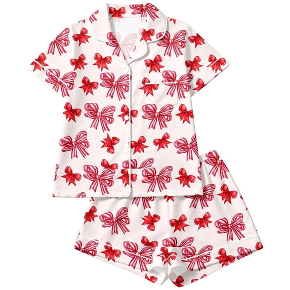 CAIVO 2 Piece Pajama Sets Girls Lapel Short Sleeve Button Down Shirt With Shorts Casual Loungewear Bowknot Printed Sleepwear For Kids Soft Breathable Summer Nightclothes Pjs