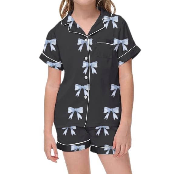 CAIVO 2 Piece Pajama Sets Girls Lapel Short Sleeve Button Down Shirt With Shorts Casual Loungewear Bowknot Printed Sleepwear For Kids Soft Breathable Summer Nightclothes Nightwear