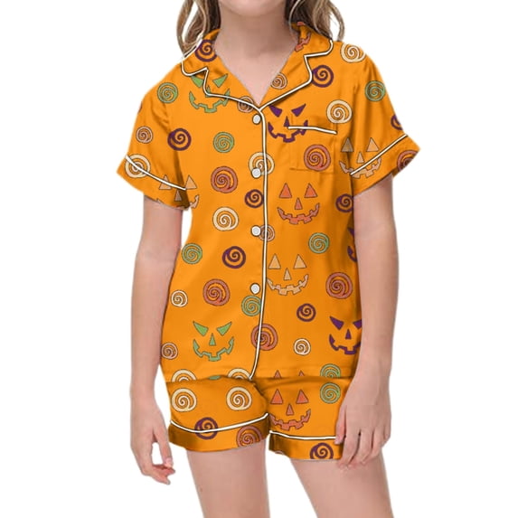 CAIVO 2 Piece Pajama Sets Girls Lapel Short Sleeve Button Down Shirt With Shorts Casual Loungewear Sleepwear For Kids Soft Breathable Summer Nightclothes Pyjamas