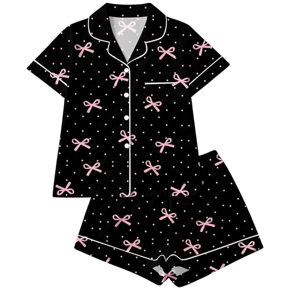 CAIVO 2 Piece Pajama Sets Girls Lapel Short Sleeve Button Down Shirt With Shorts Casual Loungewear Sleepwear For Toddler Kids Soft Breathable Summer Nightclothes Bowknot Printed Homewear