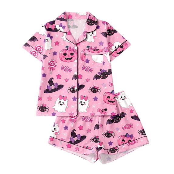CAIVO 2 Piece Pajama Sets Halloween Kids Sleepwear Girls Cozy Nightwear Lapel Short Sleeve Button Down Shirt With Shorts Loungewear
