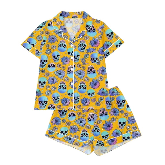 CAIVO 2 Piece Pajama Sets Halloween Themed Kids Sleepwear Lapel Short Sleeve Button Down Shirt With Shorts Girls Cozy Wear For Home Nights Homewear