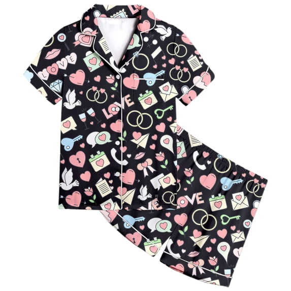 CAIVO 2 Piece Pajama Sets Kids Girls Heart Printed Short Sleeve Lapel Button Down Shirts Tops With Shorts Sleepwear Homewear