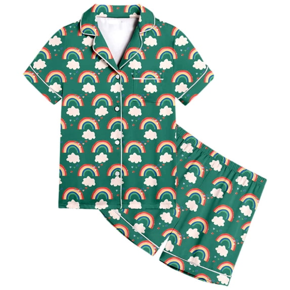CAIVO 2 Piece Pajama Sets Rainbow Pattern Kids Boys And Girls Short Sleeve Lapel Button Down Shirts Tops With Shorts Sleepwear Pjs