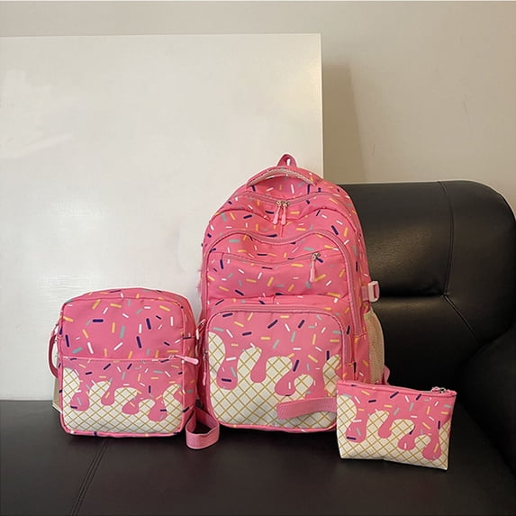 CAIVO 3Pcs Ice Cream Print Backpack Set, Cute Pattern School Backpacks Pouch Schoolbag for Women Girls Students Back To School