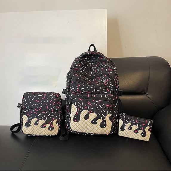 CAIVO 3Pcs Ice Cream Print Backpack Set, Cute Pattern School Backpacks Pouch Schoolbag for Women Girls Students Back To School