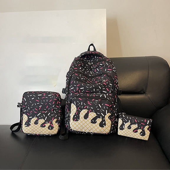 CAIVO 3Pcs Ice Cream Print Backpack Set, Cute Pattern School Backpacks Pouch Schoolbag for Women Girls Students Back To School