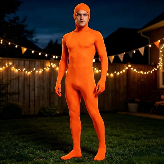 CAIVO Adult Orange Full Body Zentai Bodysuit with Separate Hood, Long Sleeve Footed Skin Suit, Solid Color Stretch Unitard for Halloween Stage Performance
