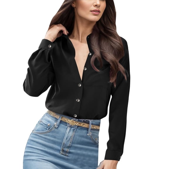 CAIVO Autumn Solid Color V Neck Ladies Shirt Blouse Women Long Sleeve Cozy Summer Back To School Tops
