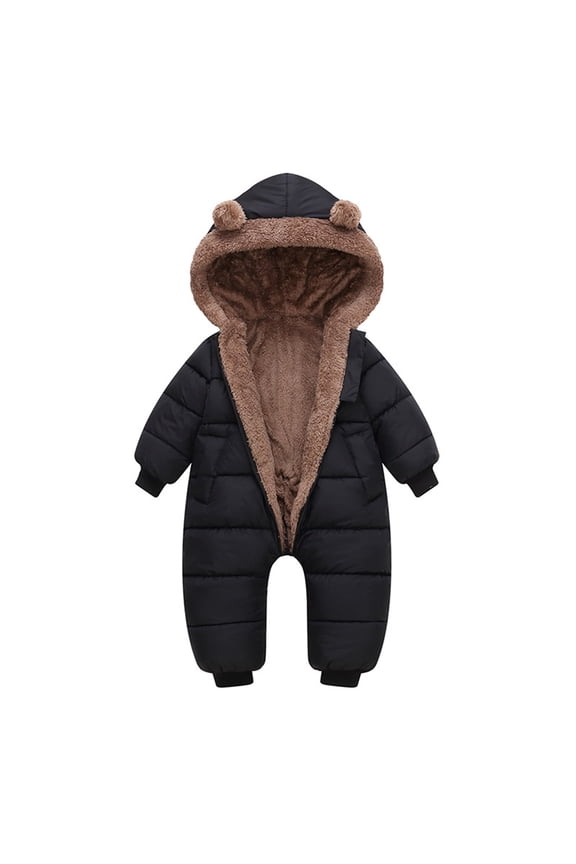 Baby Boys Girls Snowsuits Thicken Warm Hooded Jumpsuit Winter Clothes Suit Hooded Long Sleeve Jumpsuit Romper Bear Warm Coats Outwear Overcoat Kids Versatile One-Pieces Solid Color