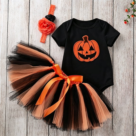 CAIVO Baby Girl Halloween Outfit Sets Short Sleeve O-Neck Bodysuit Orange Tutu Dress Three Piece Toddler Clothing Set
