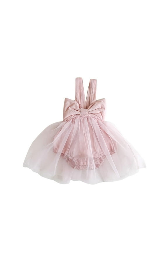 Baby Girls Cotton Summer Fall Bow Tie Solid Color Sleeveless Tulle O-Neck Romper Bodysuit Onesie Dress Sundress Cute Toddler Child Daily Wear