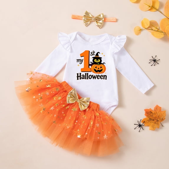 CAIVO Baby Girls Halloween Outfit Sets Pumpkin Witch Print Long Sleeve O-Neck Romper Orange Tutu Bodysuit Clothing Set
