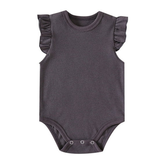 CAIVO Baby Girls Ruffle Short Sleeve Bodysuit Onesie Solid Color Casual Plain Blouse Tops O-Neck Romper Knitted Outfits Clothes Leisure Toddler Child Daily Wear