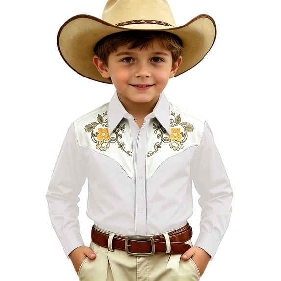 CAIVO Boys Blouse Western Cowboy Long Sleeve Shirt Classic Denim Style Button Up Tops For Kids Youth Outdoor Wear Turndown Collar Summer Classic Tops