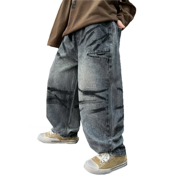 CAIVO Boys Distressed Denim Pants Classic Straight Leg Casual Trousers With Splatter Design Kids Teens Comfortable Loose Fit Jeans Relaxed Fit Solid Color Slacks