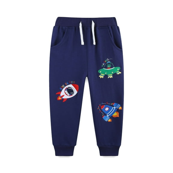 CAIVO Boys Jogger Pants With Embroidered Rocket Design Comfortable Knit Casual Trousers Elastic Kids Autumn Winter Wear Versatile Solid Color Slacks