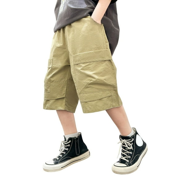 CAIVO Boys Summer Fall Street Leisure Sports Pocket Drawstring Stretch Waist Solid Color Cargo Knee Length Labor Pants Leisure Toddler Child Daily Wear Trousers