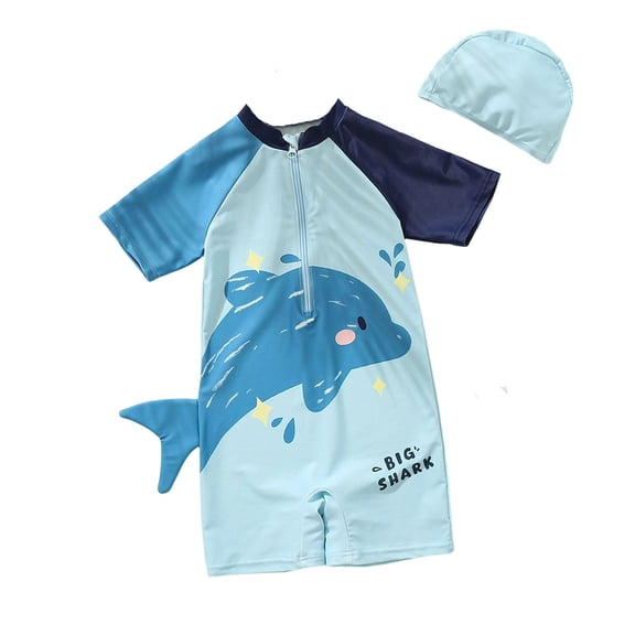 CAIVO Boys Summer Swimwear Cute Cartoon Print One-Piece Swimsuit With Rash Guard For Toddler Kids Beach Pool Trendy Beachwear