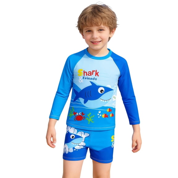 CAIVO Boys Summer Swimwear Two Piece Rash Guard Swim Shirt And Trunks Sun Protective Design For Kids Swimming Pool Beach Adorable Swimsuit Sets