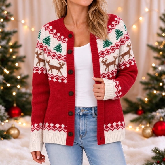 Red Bottern CAIVO Cardigan Sweaters For Women Christmas Cardigan Red Fair Isle ...