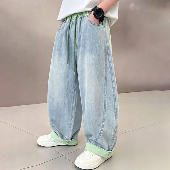 CAIVO Child Boys Blue Denim Pants Classic Stretch Jeans For Kids Casual Everyday Wear Soft Blend Summer Trousers School Play Bottom Breathable Solid Color Streetwear