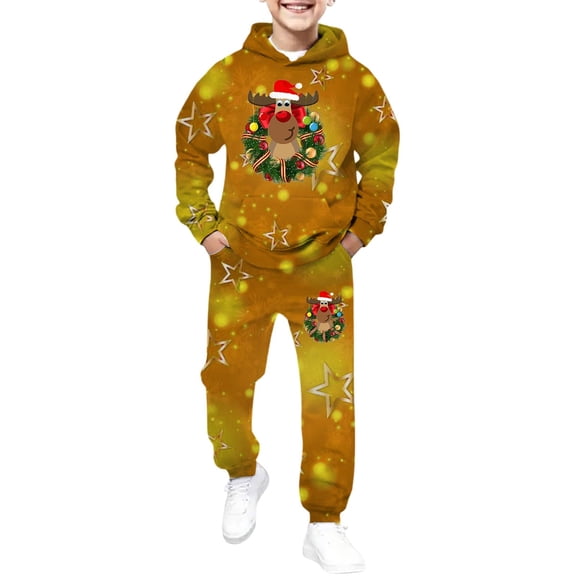 CAIVO Child Boys Christmas Print Sweatsuit Long Sleeve Tops Pants Hoodie Jogger Pants Outfit Sets 2 Piece Warm Outfit Sets Holiday Cozy Soft Casual Daily Festive Family Gathering 8-10 Years