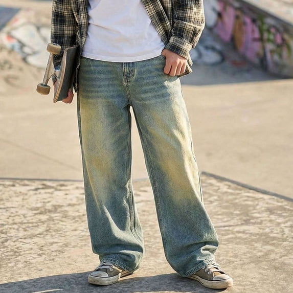 CAIVO Child Boys Denim Jeans Relaxed Loose Fit Streetwear For With Distressed Wash And Wide Leg Styling Holiday Solid Color Summer Trousers