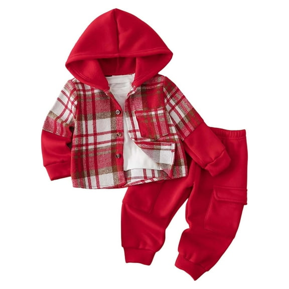 CAIVO Child Boys Long Sleeve Tops Pants Hooded Plaid Shirt And Pants Outfit Sets Fall Winter Cozy Casual Two Piece Ensemble 6-9 Months