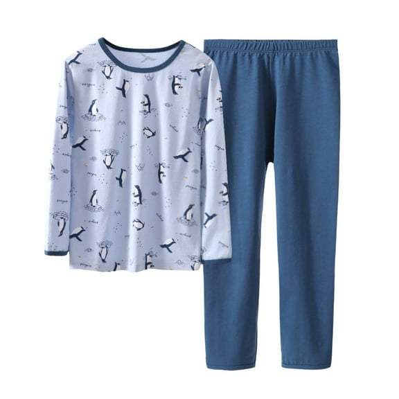 CAIVO Child Boys Winter Thermal Outfits Tops Pants With Cute Penguin Print Soft Stretch Long Sleeve Two Piece Outfit Sets Tops Pants Kids And Youth Cozy Home Outfit Sets 5-6 Years