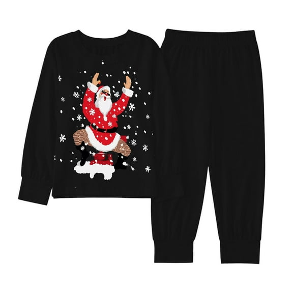 CAIVO Child Christmas Kids Outfit Sets Cozy Holiday Santa Print Girls Festive Family Cartoon Long Sleeve O-Neck Shirts Tops Pants Soft Two Piece Outfit Sets 7-8 Years
