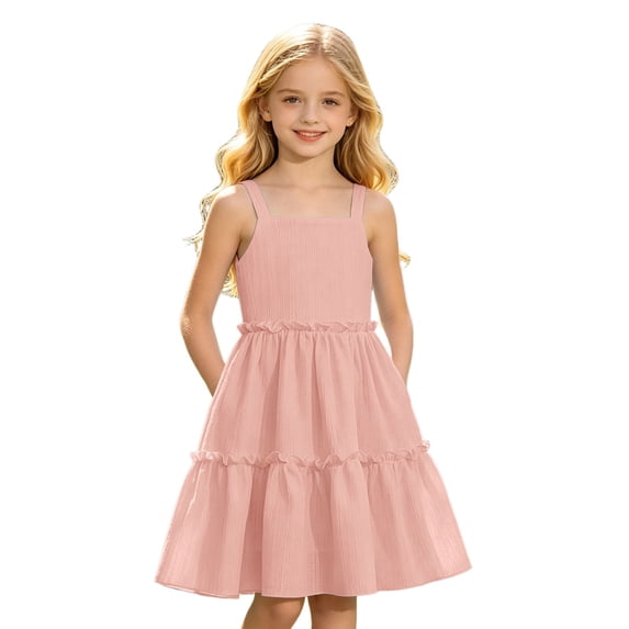 CAIVO Child Girls Dress Kids Sleeveless Square Neck Trendy Fit And Flare Knee Length Pure Color Summer Casual Party Dresses