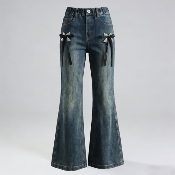CAIVO Child Girls Fashion Flared Blue Denim Pants With Embroidered Design And Versatile Stretch Jeans For Big Kids And Tweens Breathable Solid Color Summer Trousers