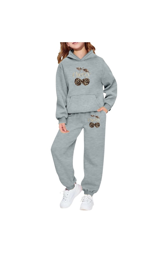Child Girls Hooded Tracksuit Leopard Print Cherry Design Long Sleeve Sweatshirt Tops Pullover And Joggers Casual Outfit Sets Toddler Kids Cozy Clothing Sets