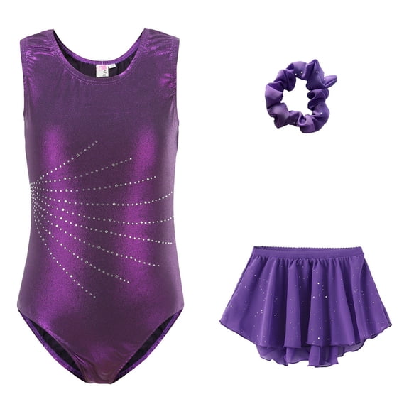 CAIVO Child Girls Long Sleeve Tops Pants Dance Gymnastics Outfit Sets With Glitter Rhinestone Print Leotard Pants Headband Performance 11-12Years