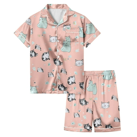 CAIVO Child Girls Outfit Set Short Sleeve Lapel Blouse Tops Shorts Outfits Cute Cat Print Comfortable Outfit Kids Soft Casual Outfit 2-3 Years