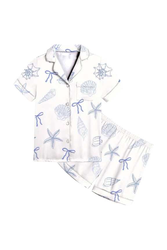 Child Girls Outfit Sets Soft Satin Sleep Bowknot Tie Cute Ocean Animal Print Comfortable Wear For Toddler Kids Comfort Clothes Sets