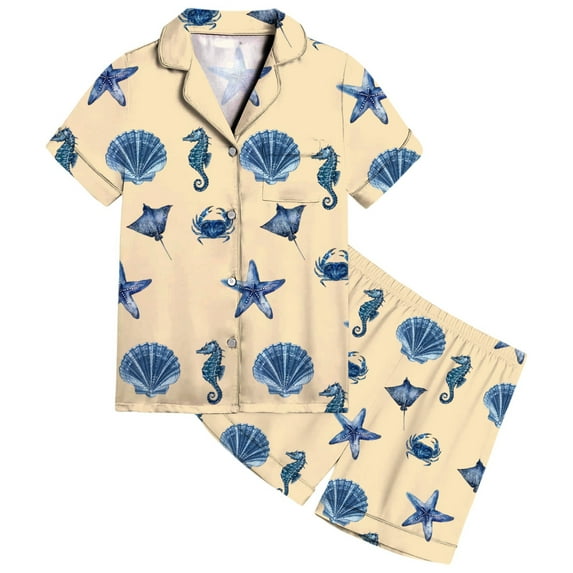 CAIVO Child Girls Satin Outfit Sets Ocean Sea Print Button Down Lapel Short Sleeve Summer Shirt Tops + Shorts Comfortable Kids Soft Wear Casual Outfit Toddler To Teen Leisure Clothes Sets