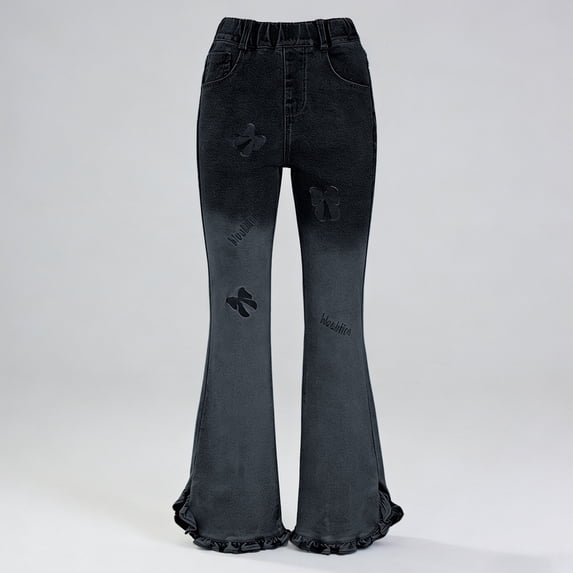 CAIVO Child Girls Stretch Flare Jeans High Waist Bootcut Pants For Teenagers And Juniors With Butterfly Printed Birthday Summer Trousers