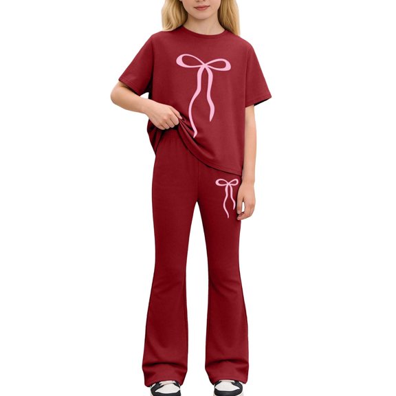 CAIVO Child Girls Summer Casual Outfit Sets Fashion Solid Color O-Neck Short Sleeve Tee And Long Pants Two Piece Toddler Kids Comfortable Daily Wear Comfort Clothing Sets